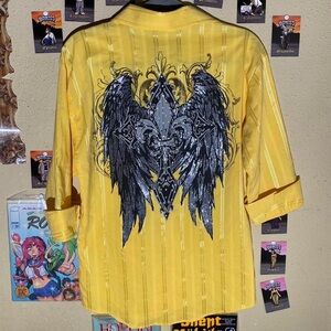 CYBER Y2K BEDAZZLED GRAPHIC TYPE LONG SLEEVE BOTTON UP SIZE SMALL